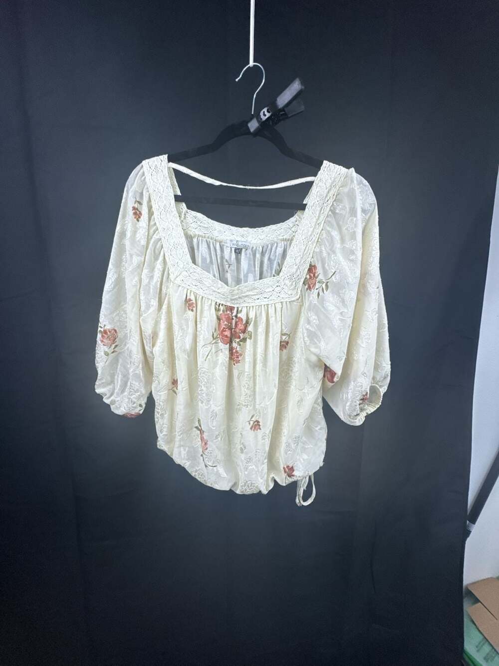 Wild Moss Cream Floral Embroidered Lace Square Neck Puff Sleeve Blouse Size XL